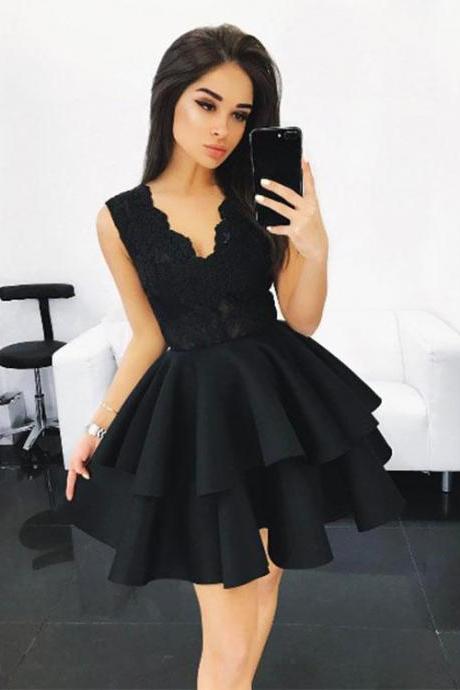 Cute Black Sleeveless V Neck Short Prom Dress,lace A Line Homecoming Dress,black Graduation Dress With Lace,h163