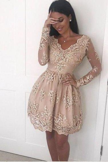 Short V Neck Long Sleeve Homecoming Dress With Lace,mini Sweet 16 Dress,short Party Gown, Prom Dresses,h164