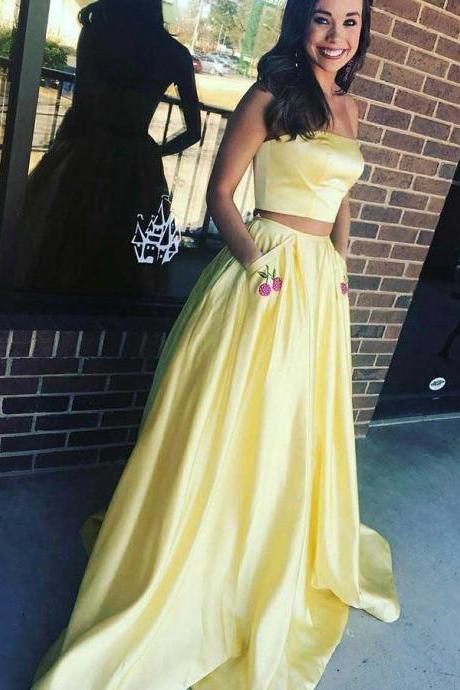 Two Piece Prom Dress,Pale Yellow Strapless A Line Sexy Long Prom Dress with Pockets,Elegant Evening Dresses,P247