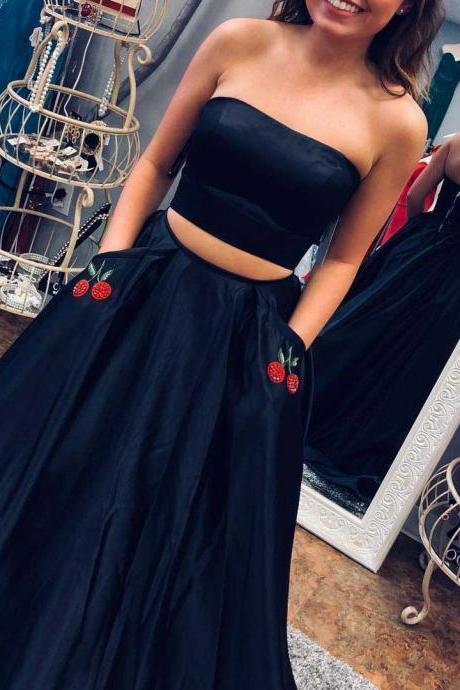 Two Piece Prom Dress,dark Navy Strapless A Line Sexy Long Prom Dress With Pockets,elegant Evening Dresses,p248