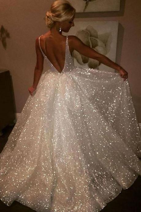 Charming A Line Sequined Lace Prom Dresses,v Neck Prom Dresses With V Back,sparkly Formal Women Dress,long Wedding Dress,p251