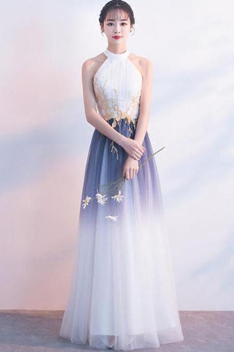 Gradient Purple A Line Sleeveless Jewel Tulle Long Prom Dress,Elegant Floor Length Evening Dress with Appliques P254