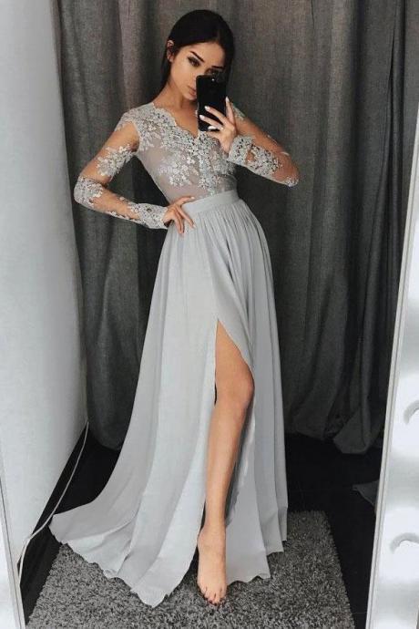 See-through Lace Top Silver Prom Dresses Chiffon Long Sleeve Evening Dress With Slit, Sexy V Neck Long Sleeves Evening Dress P257