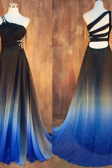 A-line One Shoulder Ombre Prom Dresses,unique Gradient Prom Dress,pretty Prom Gown,long Evening Dress,long Sleeveless Evening Gown P259