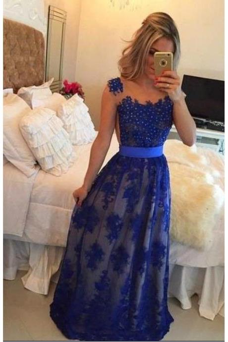 Long Sleeveless Prom Dress,royal Blue Lace Evening Gowns With Beading,floor Length Lace Formal Gown For Teens P260