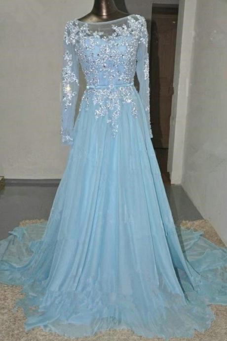 Gorgeous Long Sleeves Applique Long Prom Dresses Evening Dresses,Light Sky Blue Evening Dress with Beading P262