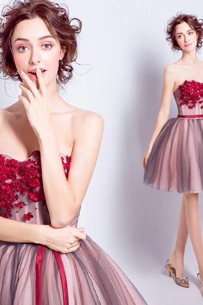 Mini Strapless Sweetheart Homecoming Dress With Flowers, Sexy Tulle Homecoming Dress With Belt, Cute Cocktail Dress With Burgundy Flowers H172