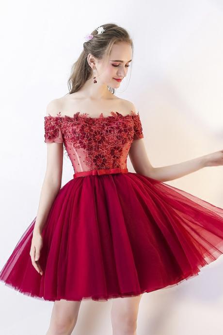 Burgundy Princess Short Tulle Prom Dress with Appliques,Cute Off Shoulder Beading Homecoming Dress with Flowers, Cocktail Dress with Bowknot H175