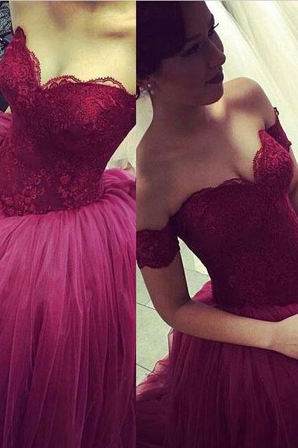 Ball Gown Fuchsia Off-the-shoulder Floor Length Tulle Appliqued Prom Dresses,Modern Off Shoulder Wedding Dress P263