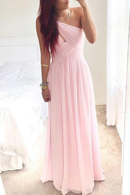 Simple Dress Elegant One-shoulder Long Pink Chiffon Prom Dress, Floor Length Chiffon Bridesmaid Dress With Pleats, P264