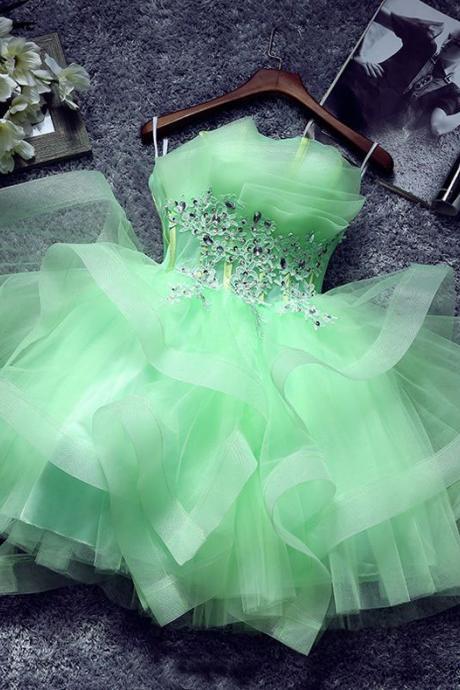 Mint Green Mini Cocktail Dress Cascading Ruffles Strapless Short Party Dress,chic Sleeveless Lace Appliques Graduation Dress H178