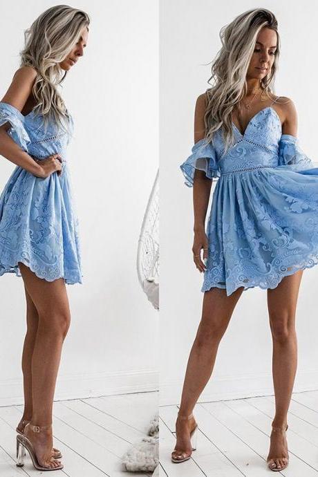 A-line Spaghetti Straps Sky Blue Lace Homecoming Dress,mini Formal Sweet 16 Dress, Unique Lace Short Prom Dresses, H179