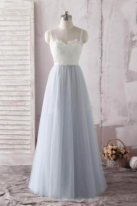Floor Length Simple Straps Sweetheart Tulle Prom Dress With Ivory Lace, A Line Sleeveless Tulle Evening Gown P274