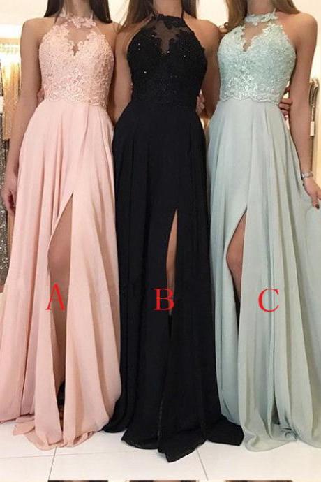 Style Charming Lace Halter Long Chiffon Split Evening Gowns, A Line Sleeveless Slit Prom Dresses P276