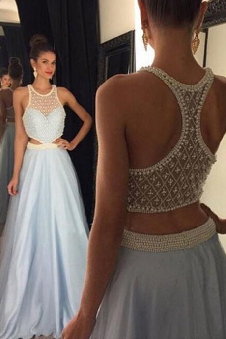 Light Blue Round Neck Sleeveless Floor-length Prom Dress With Beading, A Line Sexy Chiffon Evening Dress With Beads P277