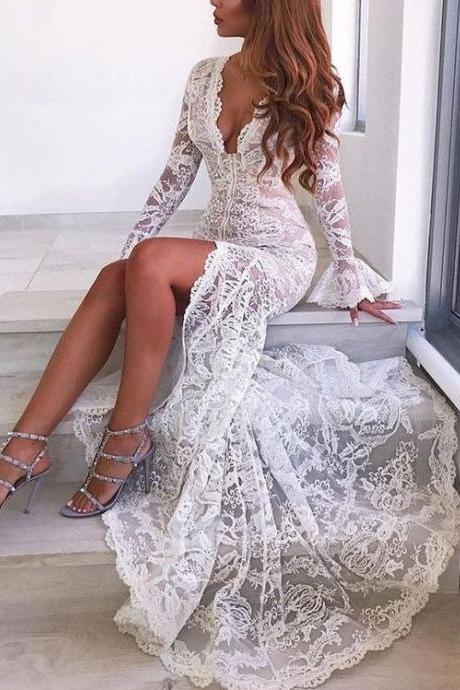 Sexy Long Sleeve Lace Prom Dress,beautiful Prom Gowns,deep V Neck Party Gown, Style Gorgeous Prom Dresses P279
