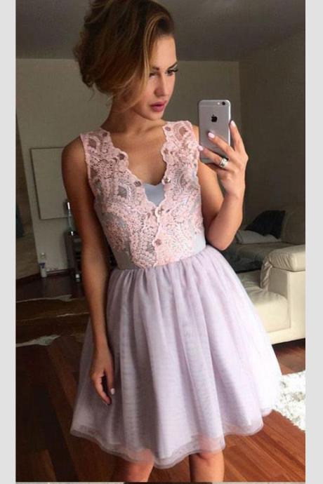 Short Homecoming Prom Dress With Lace,trendy Lilac Tulle Prom Dresses With V-neck Dresses H183