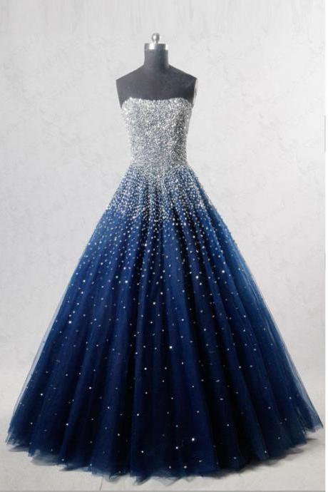 Sparkly Blue Strapless Tulle Prom Dress With Beading, Princess Sleeveless Lace Up Evening Gown, Gorgeous Glitter Strapless Party Dress P281