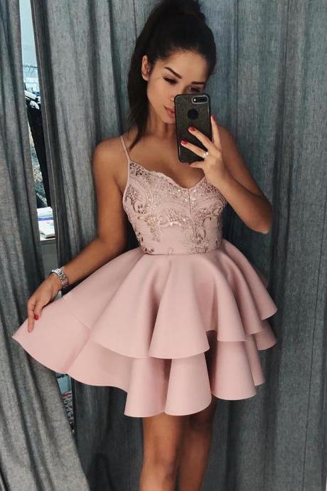 Mini A Line V-neck Graduation Dresses, Spaghetti Straps Short Prom Dresses, Satin Homecoming Dresses, Party Dresses H189