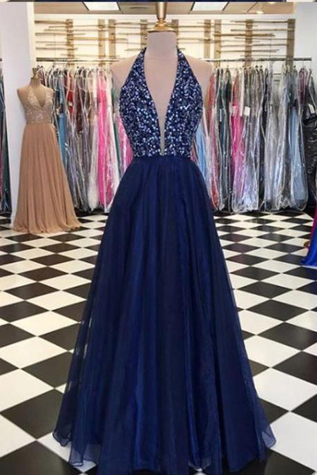 A Line Halter Tulle Prom Dress With Beading, Dark Blue Beading Bodice Evening Gown, Floor Length Tulle Prom Dresses P285