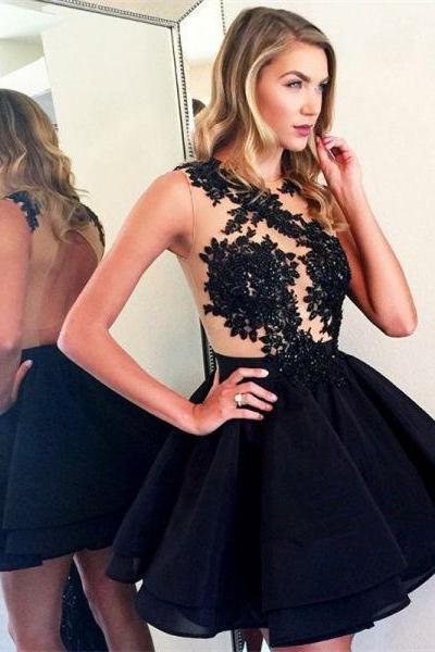 A Line Black Round Neck Homecoming Dress With Lace, Short Sleeveless Open Back Prom Dress, Sweet 16 Dress H191