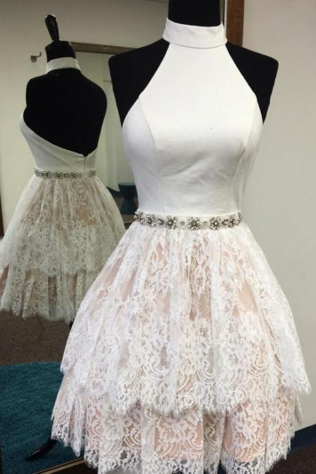 A Line High Neck Champagne Homecoming Dress With White Top, Short Lace Backless Homecoming Dress, Short Sleeveless Prom Dress H193