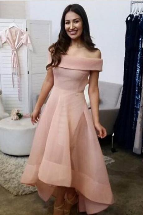 A Line Off The Shoulder High Low Blush Pink Homecoming Dress, Unique Prom Dress, Hot Selling Off The Shoulder Party Dress H194