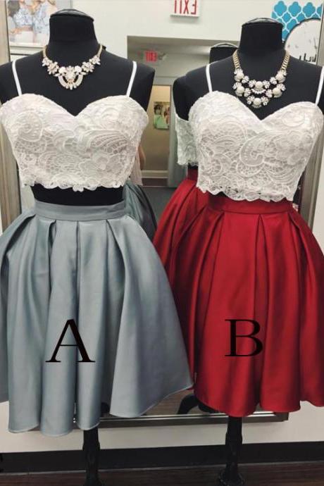 Two Pieces Prom Dress, Spaghetti Straps Sweetheart Mini Homecoming Gown, Lace Top Cute Dress, H197