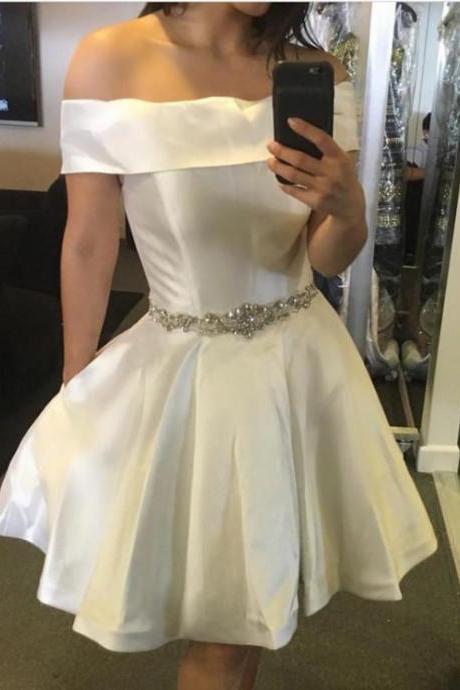 A Line Off Shoulder Ivory Homecoming Dress, Simple Short Prom Dress With Beading Waist, Cute Off Shoulder Graduation Dress H199