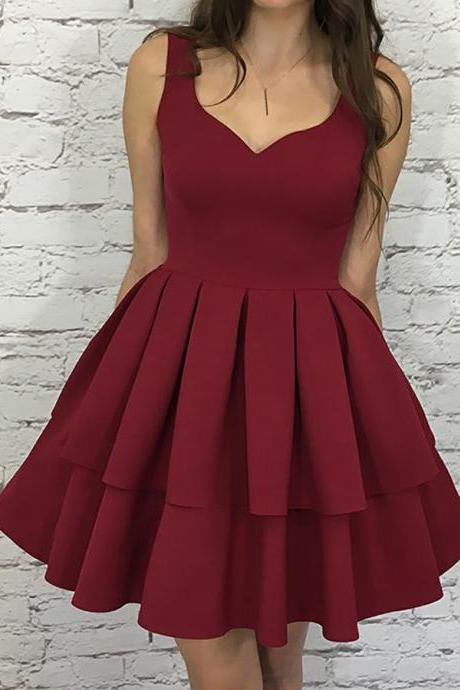 A-line Scoop Short Burgundy Tiered Homecoming Dress, Short Sleeveless Two Layers Ruched Pom Dress, Cute Graduation Dresses H204