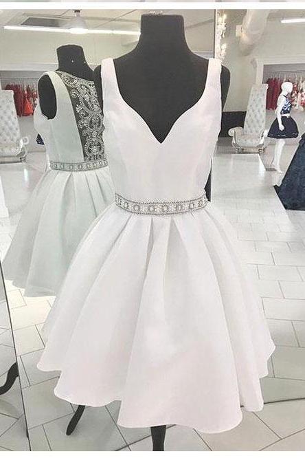 White V Neck Sleeveless Homecoming Dress With Beading Waist, Short Satin Prom Dress With Beads H206