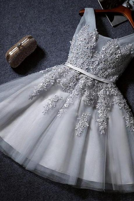 Silver Gray V Neck Cute Homecoming Dress With Appliques, Mini Appliqued Prom Gown, Sweet 16 Dress, A Line Tulle Graduation Dress H207