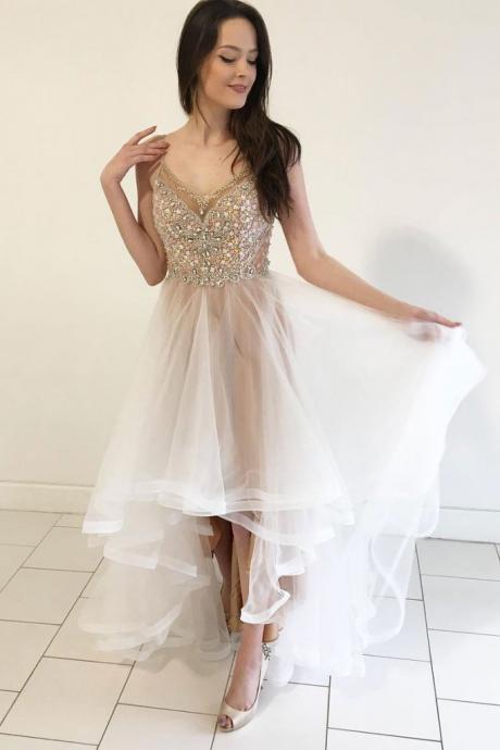 Asymmetrical Champagne Prom Dress, A Line V Neck Tulle Evening Dresses, Cute Sleeveless Homecoming Dress P291