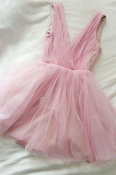 Cute Pink V Neck Tulle Mini Homecoming Dress, Short Sleeveless Cocktail Dress, A Line Short Prom Gown, Sweet 16 Dress H211