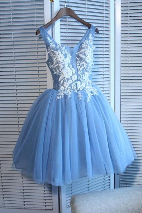 Cute Blue V Neck Tulle Short Prom Dress, Mini Appliqued Homecoming Dresses, A Line Sleeveless Graduation Dress with Beads H214