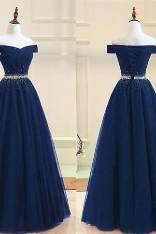 Navy Blue Tulle Off Shoulder Long Prom Dress, Sparkly Navy Blue Evening Dress With Beads, Floor Length Lace Up Back Prom Gowns P291