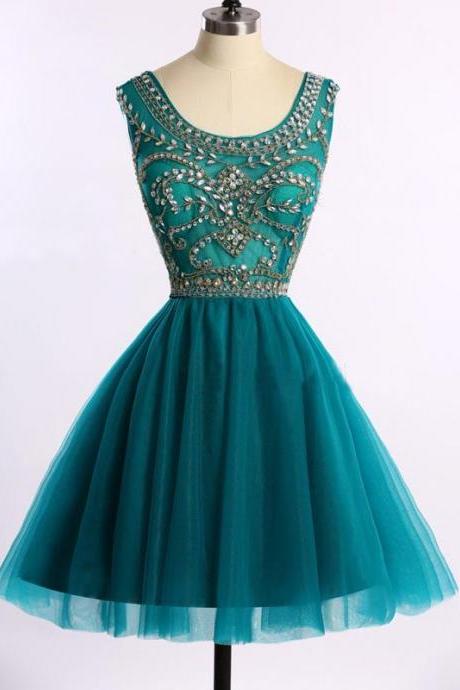 Modern A-line Jade Sleeveless Prom Dress, Short Scoop Sleeveless Ruched Tulle Homecoming Dress With Beading H222