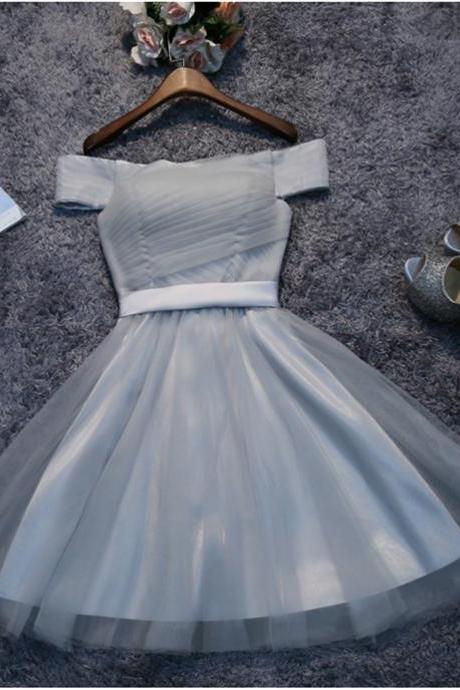 Cute Gray Tulle Short A Line Short Prom Dress, Off Shoulder Tulle Homecoming Dress, Short Pleat Homecoming Dresses, Sweet 16 Dress H224