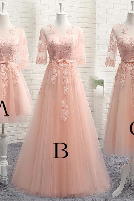 A Line Lace Half Sleeve Bridesmaid Dress, Lace Appliqued Homecoming Dress, Tulle Half Sleeve Dress With Belt B059
