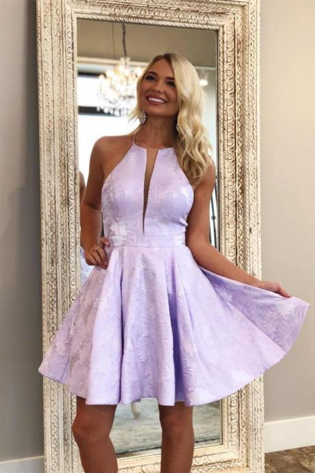 Lilac Floral Homecoming Dresses Halter Graduation Dress Party Dress, Unique Short Homecoming Dresses H226
