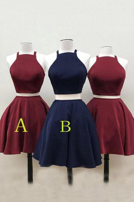 Two Piece Burgundy Homecoming Dress, Navy Blue Short 2 Piece Prom Dress, Mini Graduation Dresses, Criss-cross Straps Back Dress H228