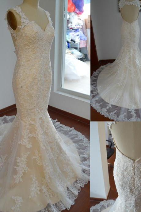 Champagne Sweetheart Wedding Dress With Ivory Lace Appliques, Mermaid Long Bridal Dress With Open Back, W092