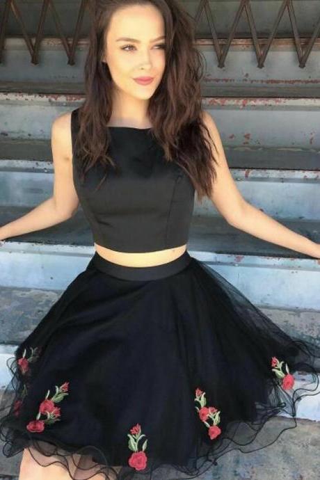 Black Two Piece Tulle Homecoming Dress with Appliques, A Line Mini Sleeveless Party Dress with Appliques, Two Piece Prom Dress H229