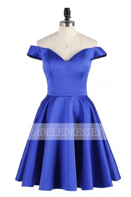 Royal Blue Satin Homecoming Dress, A Line Off Shoulder Ruched Short Prom Dress, Mini Homecoming Gown H230