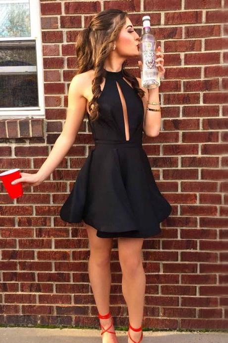Black Sleeveless Homecoming Dress With Keyhole, Short Satin Jewel Prom Dress, Above Length Junior Homecoming Gown H242