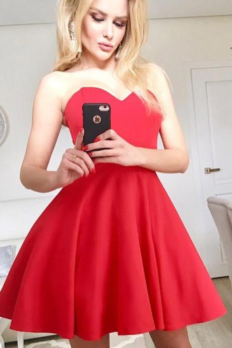 Above Knee Sweetheart Red Homecoming Dress, A Line Strapless Cocktail Dresses, Short Sweet 16 Dresses, Mini Satin Sleeveless Homecoming Gown H245
