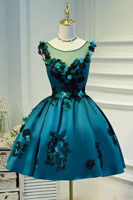 Short Satin Homecoming Dress With Flowers, A Line Mini Prom Dress With Appliques, Lace Up Back Short Sweet 16 Dresses H247