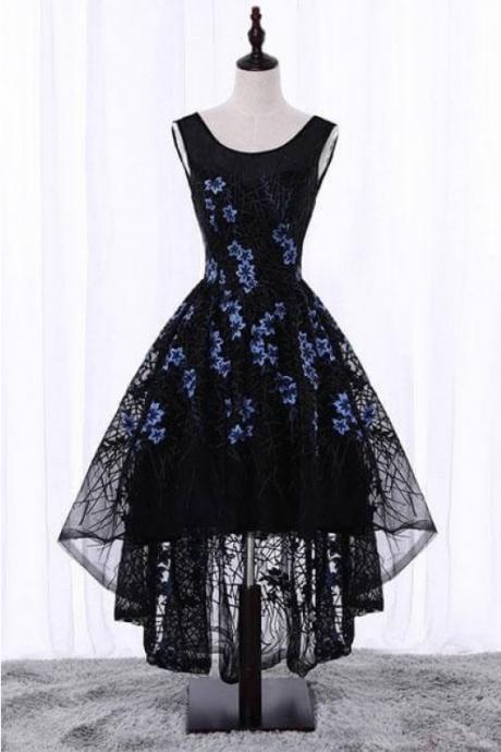 High Low Sleeveless Lace Homecoming Dress, A Line Black High Low Prom Dress, Unique High Low Graduation Dresses H259
