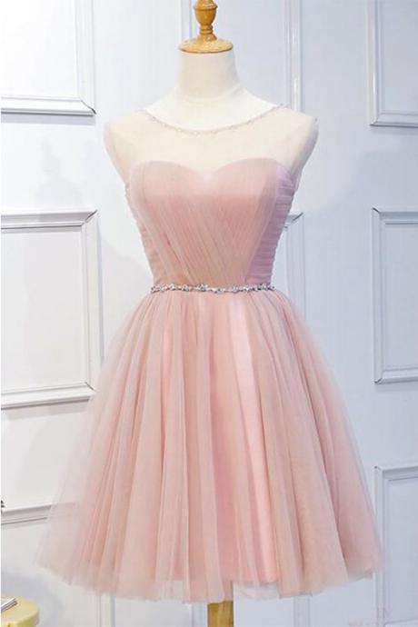Pink Tulle Homecoming Dress With Beading Sash, A Line Sleeveless Prom Dress With Beads H267