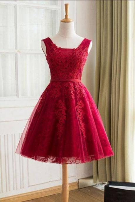 Burgundy A Line Sleeveless Lace Homecoming Dresses, Tulle Short Prom Dress With Appliques H269